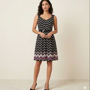 White House Black Market Silk Black and White Chevron Pocketed Dress - 2